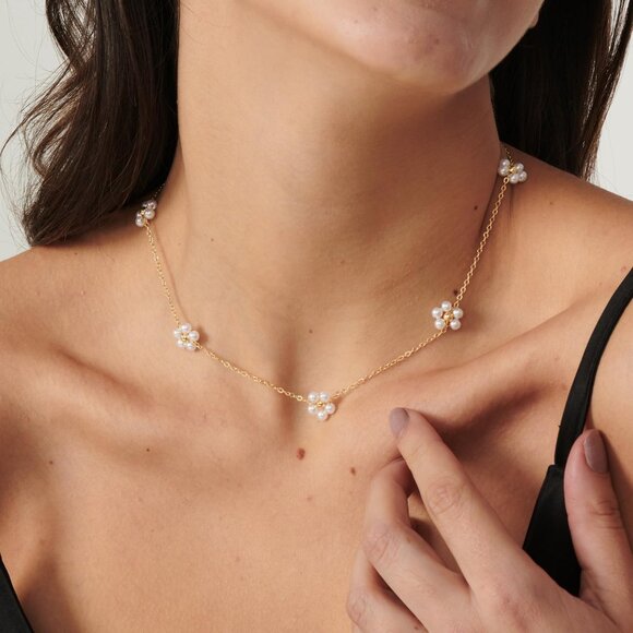 ⚡ Pearl Necklace for Women 14K Gold plated White Gold-plated Dainty Flower - Picture 2 of 7